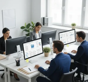A team of professionals works in a clean, brightly lit office, focused on computers displaying digital documents, folders, files, and compliance charts on their screens. The organized workspace and calm lighting convey a sense of automation and accuracy in document management.