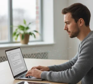 A person on a laptop with digital data streams flowing from the screen, symbolizing the security risks and data leaks caused by Shadow AI.