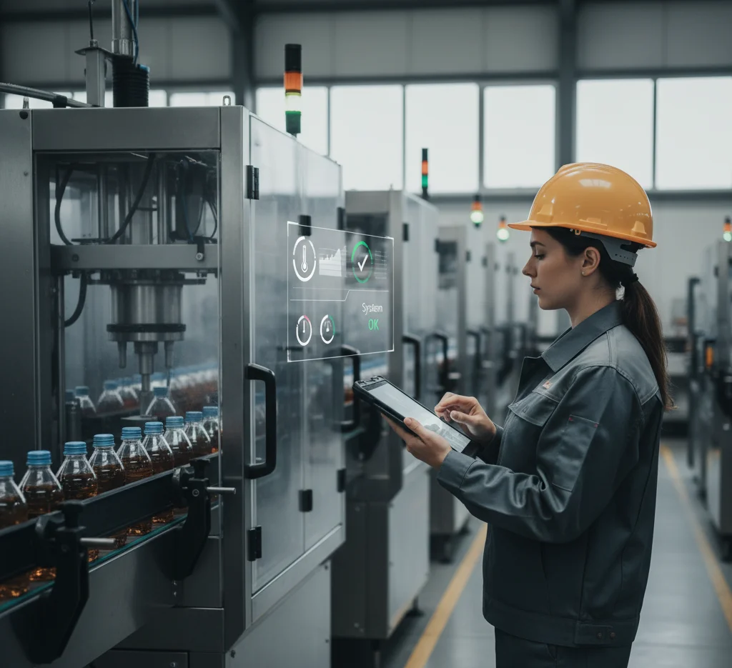 A realistic, wide shot of a clean factory floor with an automated packaging line in operation. A maintenance engineer stands nearby, reviewing data on a tablet, while faint digital overlays show real-time machine analytics, symbolizing AI-powered predictive maintenance.