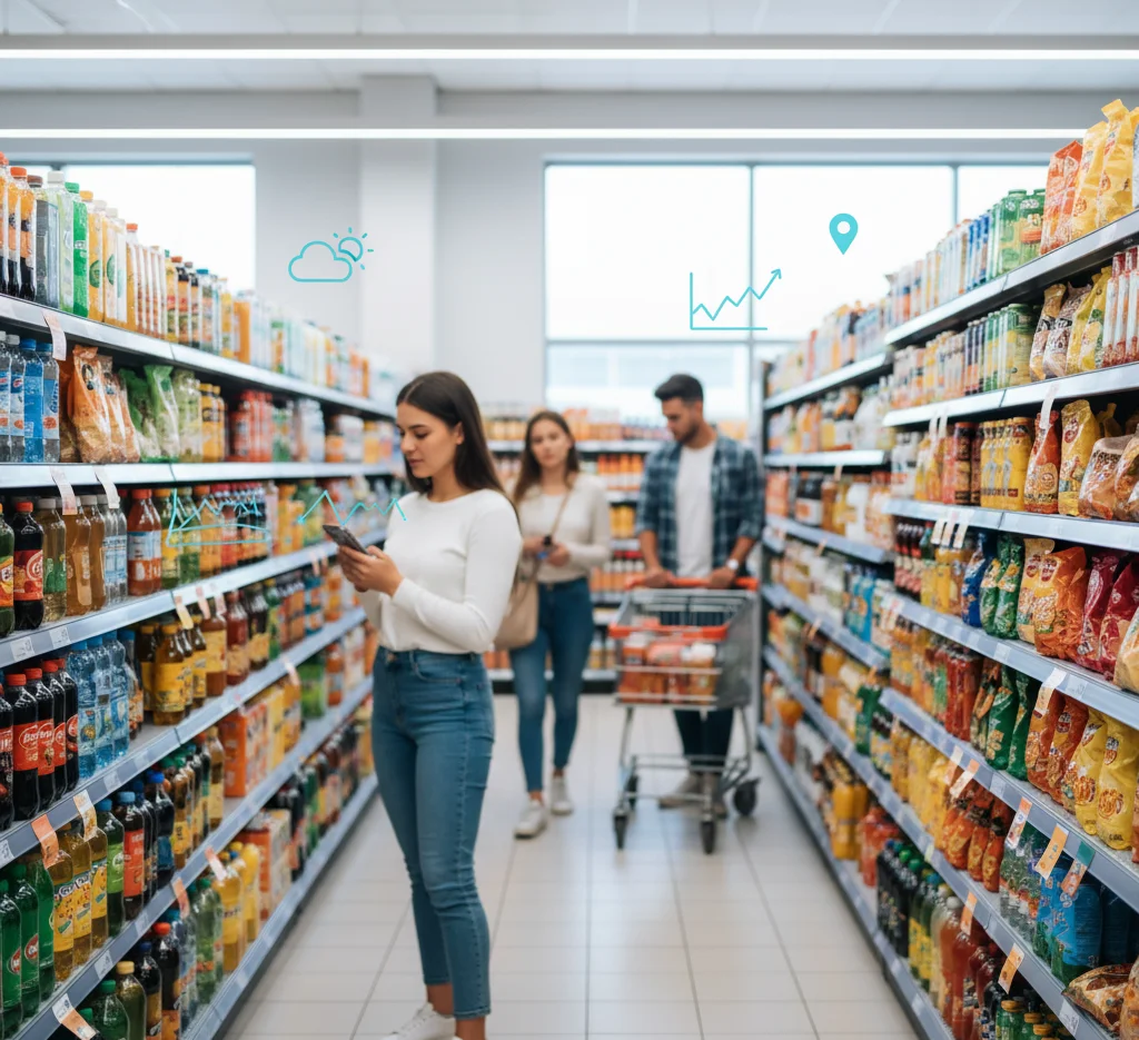 A realistic, eye-level photograph looking down a well-stocked supermarket aisle. Shoppers are casually browsing, with a woman in the foreground using her smartphone. Subtle, semi-transparent digital overlays of weather icons, map pins, and line charts hover near products, illustrating the concept of AI-driven demand forecasting in retail.