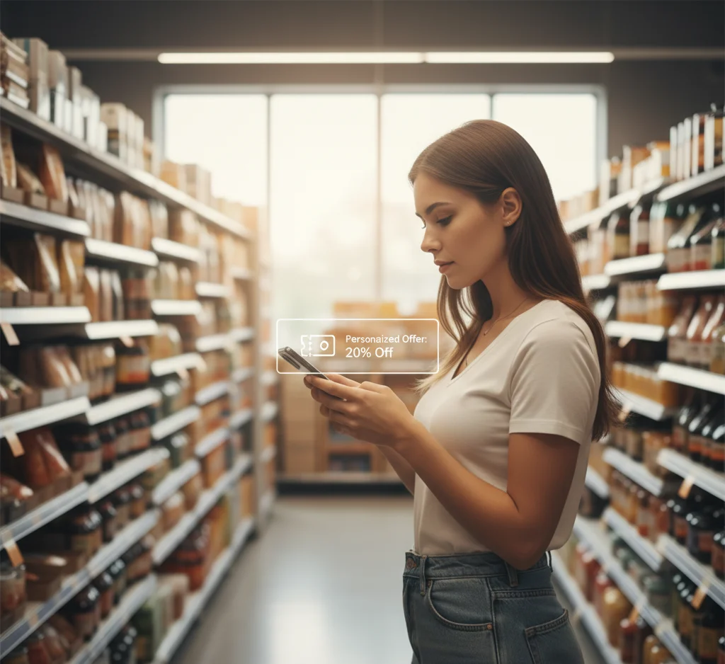 A candid, eye-level photo of a shopper in a grocery aisle, holding a smartphone that displays a subtle, personalized digital coupon. The background of tidy, well-stocked shelves is softly blurred, focusing on the interaction between the customer and AI-driven personalization.