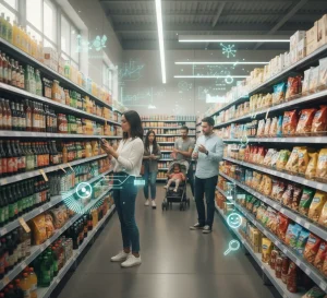 A realistic, eye-level photograph of a brightly lit, modern supermarket aisle. Shelves on both sides are neatly stocked with various packaged goods. A diverse group of shoppers, including a woman in the foreground using her smartphone and a couple with a stroller, browse the items. Faint, futuristic digital overlays and data icons are superimposed over the scene, suggesting AI analytics in retail.