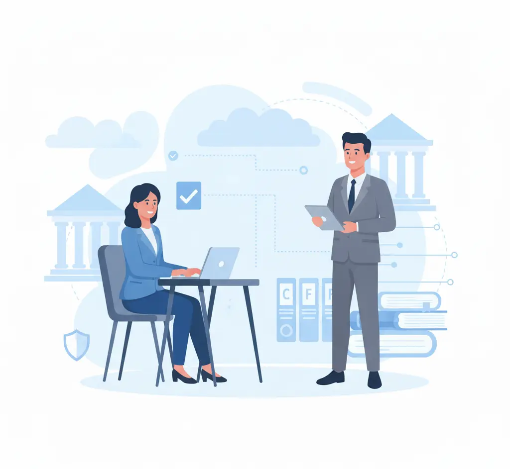 Illustration of a woman working on a laptop at a desk while a man stands holding a tablet, with digital document and office icons in the background.