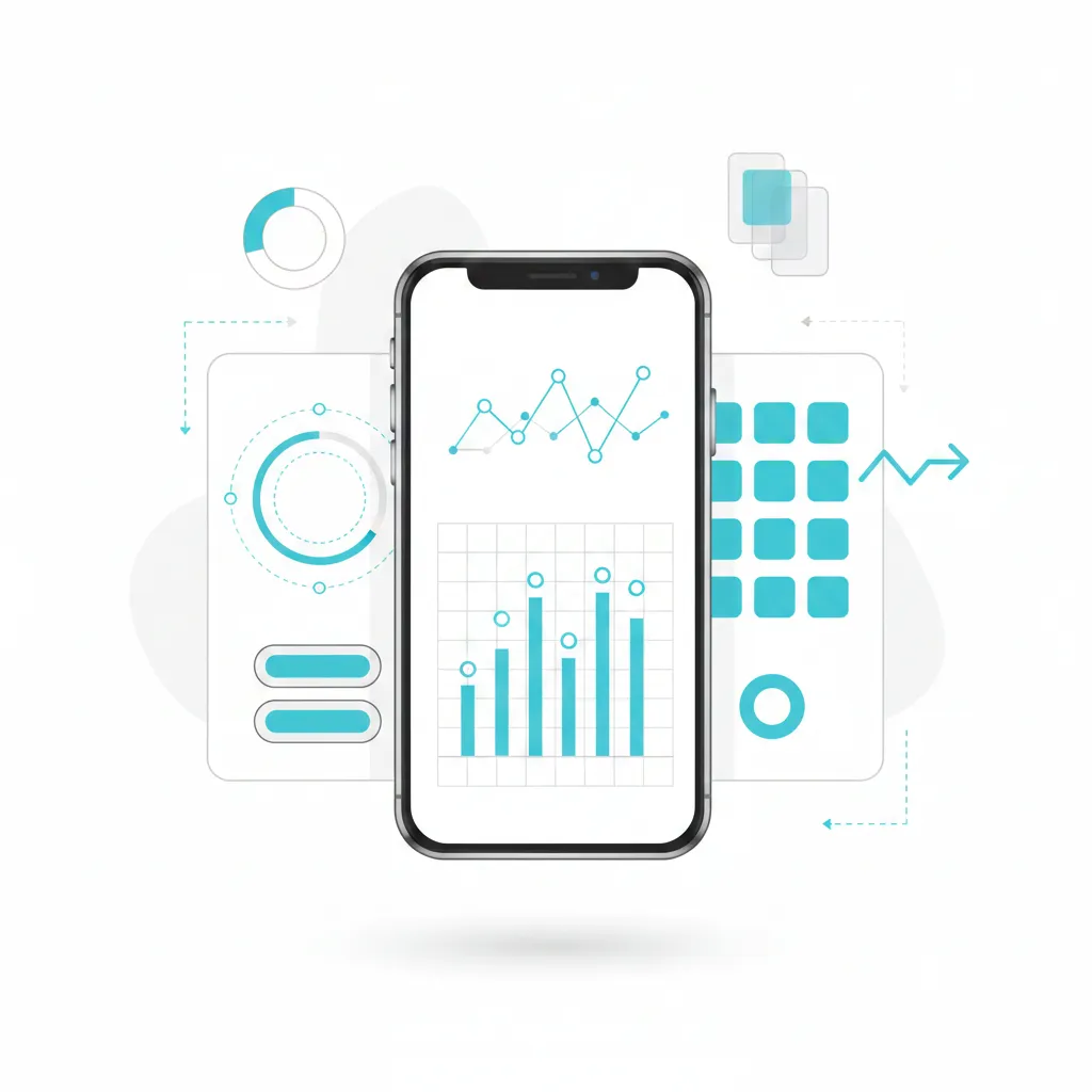 Flat-style illustration of a mobile app UI with smartphone, buttons, charts, and abstract geometric shapes, using primary color #5AC2F3 on a white background