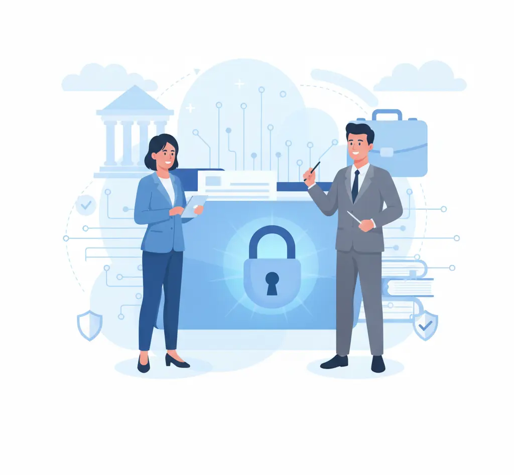 Two professionals standing in front of a large digital lock icon representing data security.