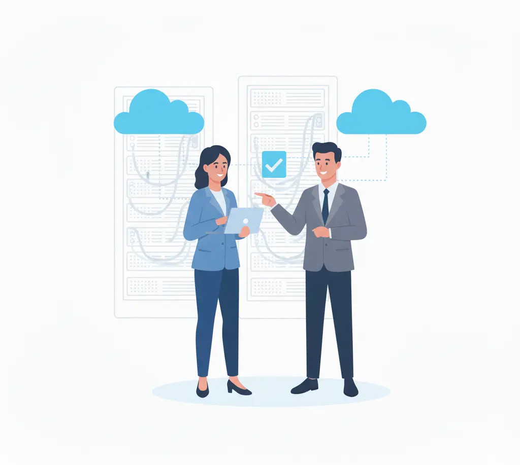 Two lawyers with servers and cloud icons, representing cloud migration.