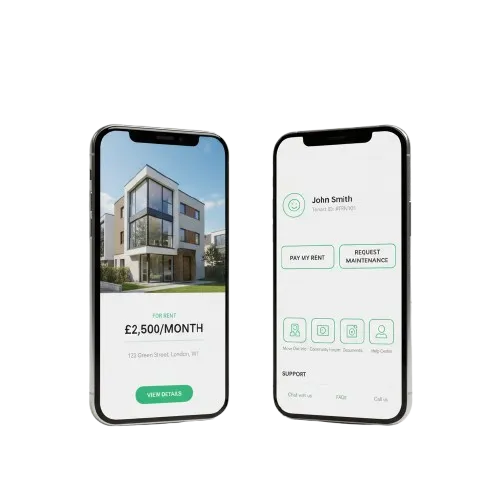 Realistic smartphone mockup showing mobile app UI with dashboard and property listing screens.