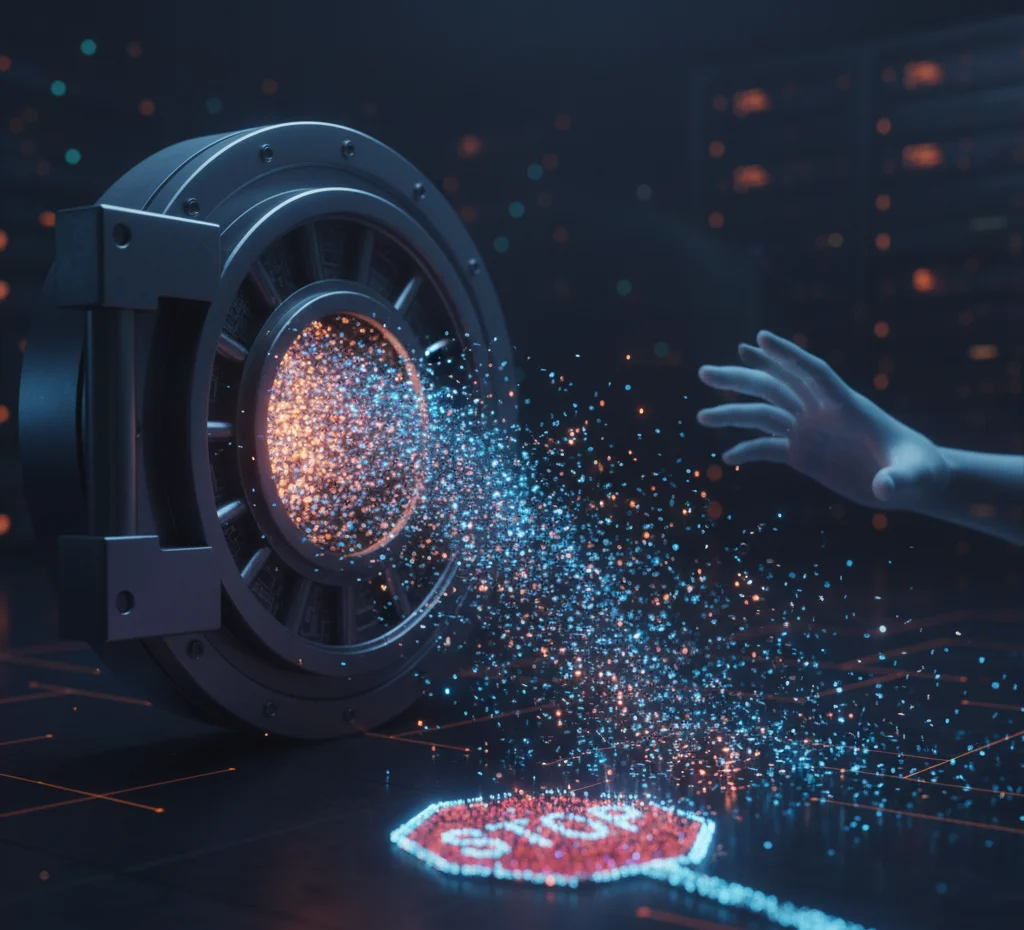A digital vault door slowly opening, with glowing data particles escaping, and a digital "STOP" sign below. This represents the critical security risks and uncontrolled data leakage associated with Shadow AI.