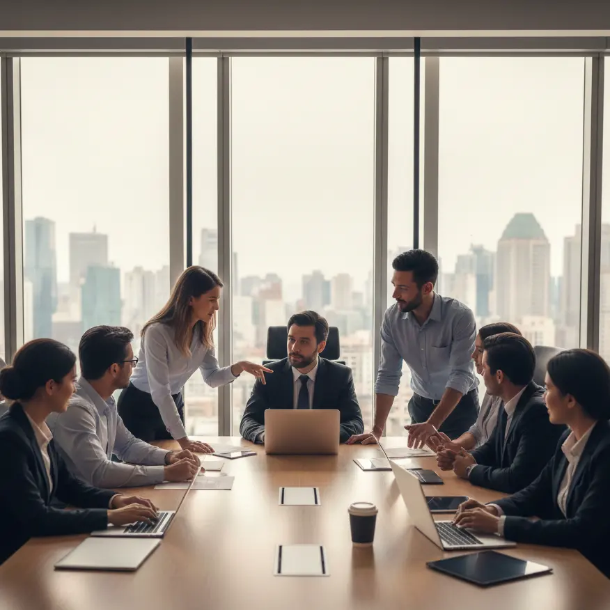 Diverse logistics team actively collaborating around screens and a table in a bright, modern control room.