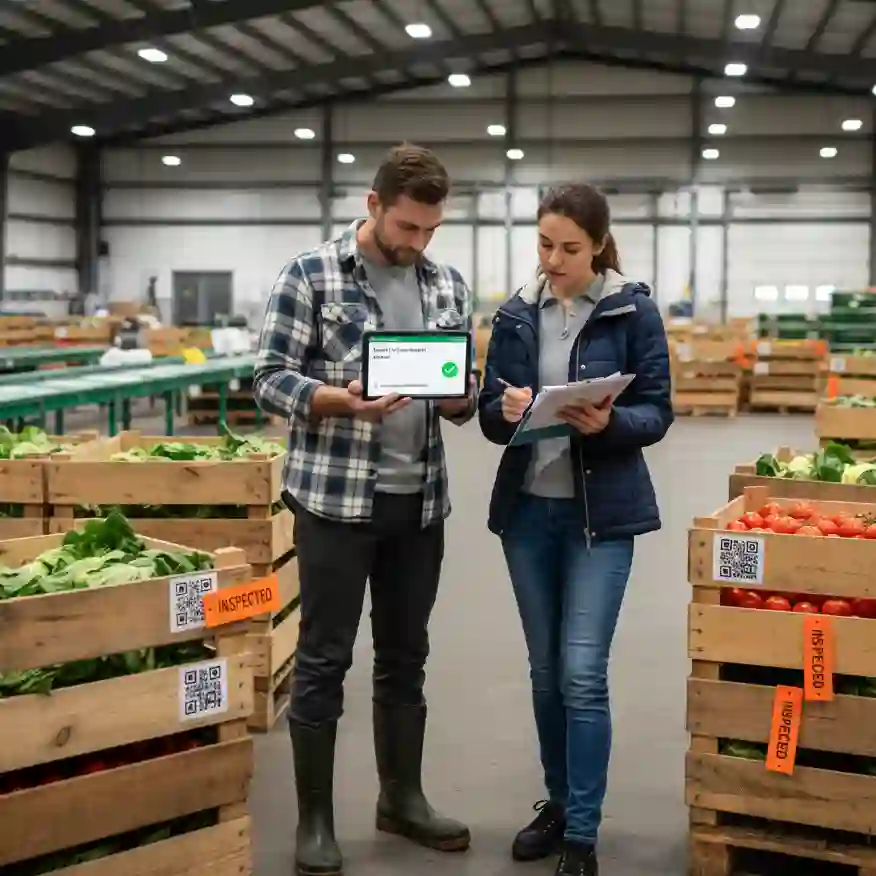 Producer and buyer reviewing verified documentation on a clipboard and tablet next to stacked crates of fresh produce in a packing facility.