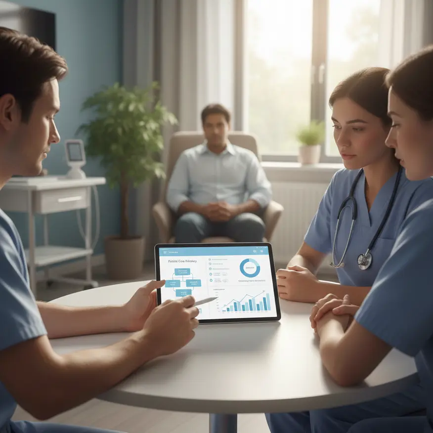 Healthcare team reviewing patient treatment plans on a tablet in a modern clinic environment.