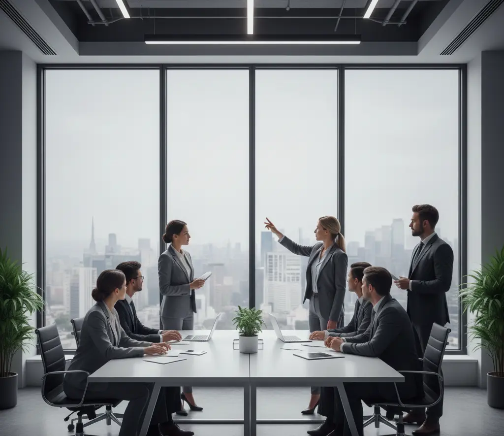 Diverse team in a modern office analyzing AI data projections.