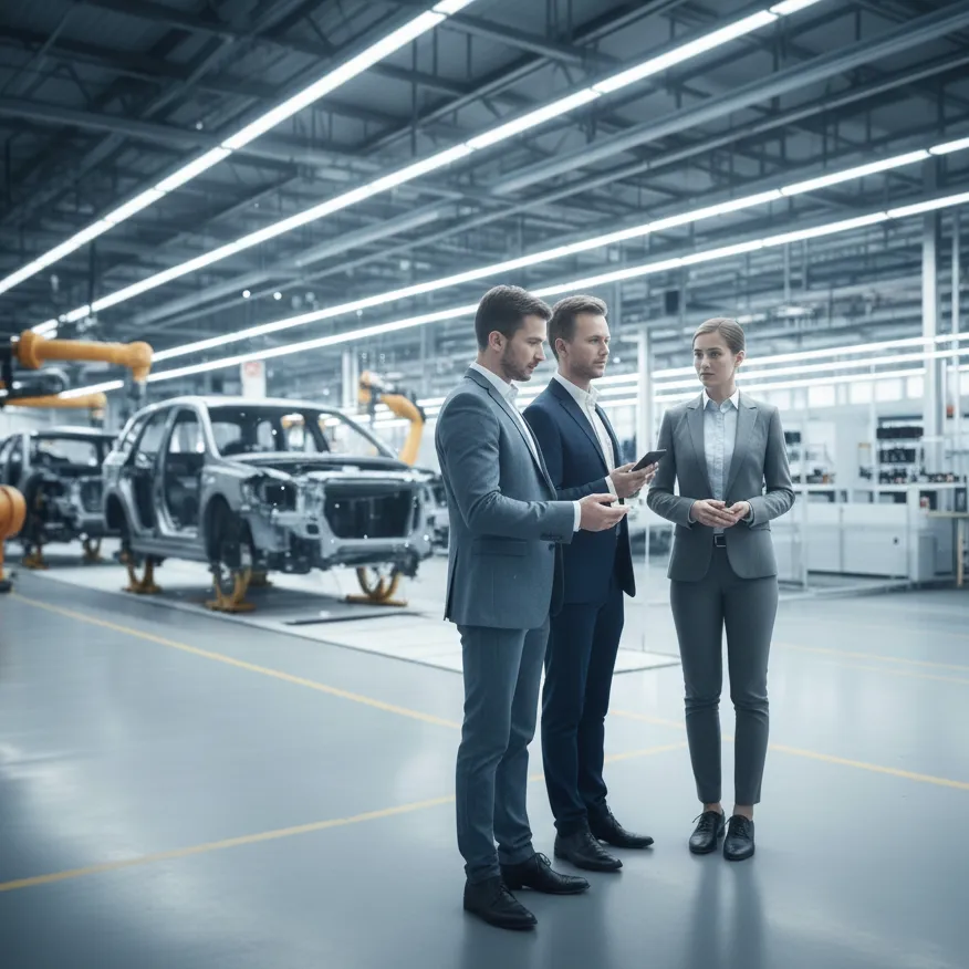Business team viewing secure data screens on a high-tech car factory floor.