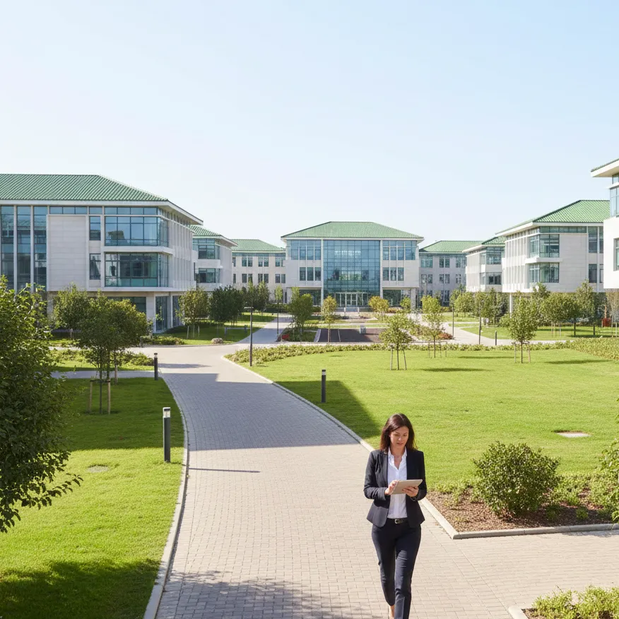 Woman walking on a path in a corporate park with modern buildings.
