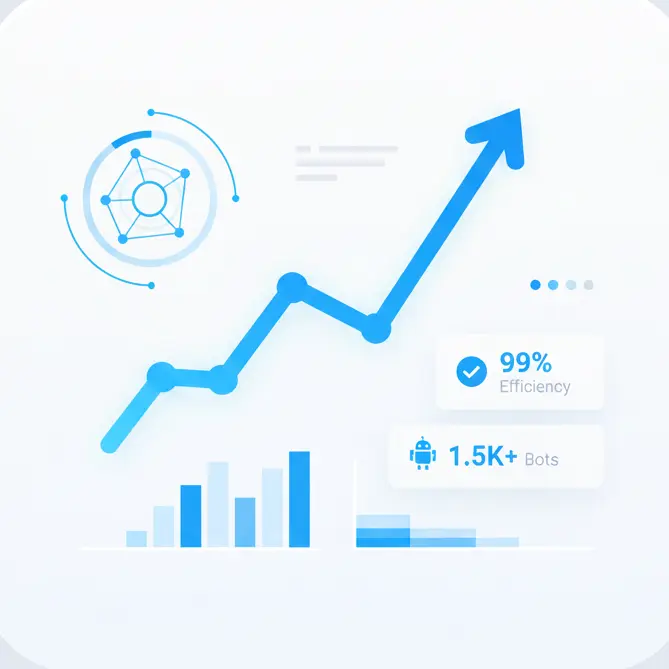 Minimalist flat vector illustration of a digital dashboard with blue charts, network nodes, and growth metrics in a white container.