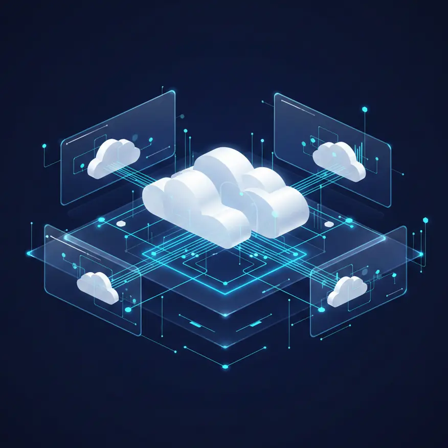 Futuristic isometric cloud computing diagram with glowing network lines.