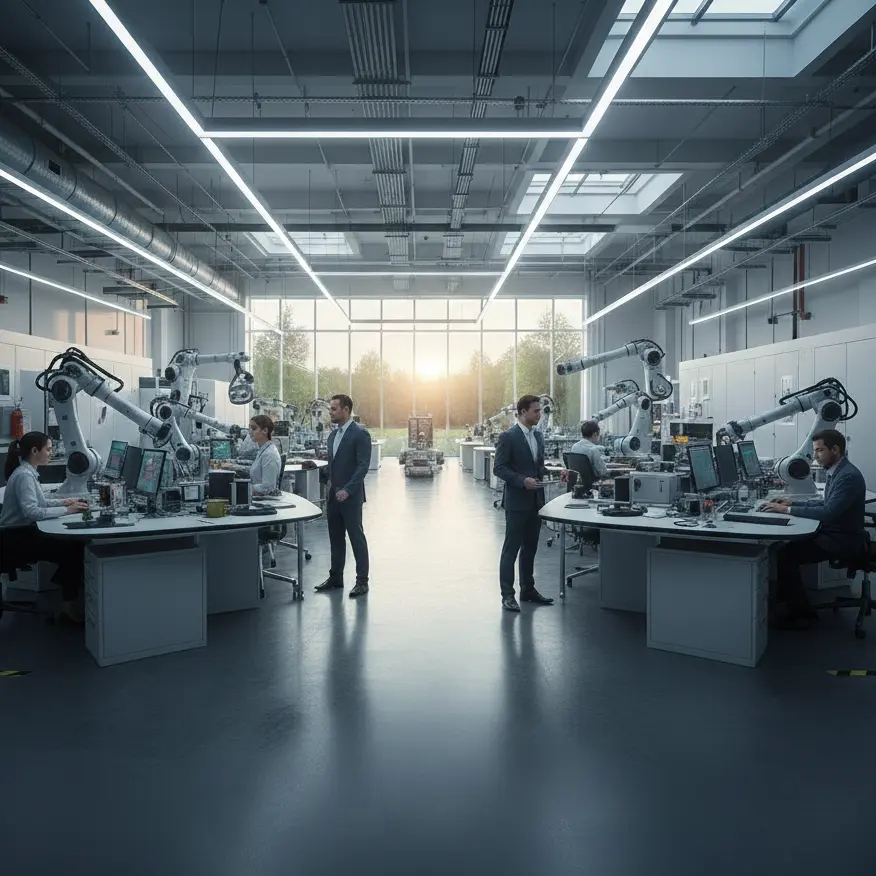 Modern factory floor with automated machinery and human engineers collaborating to monitor production.