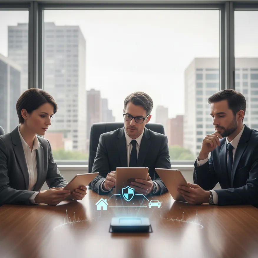 Three professionals discussing insurance strategy around a table with a tablet displaying data and subtle AI graphics in the background.