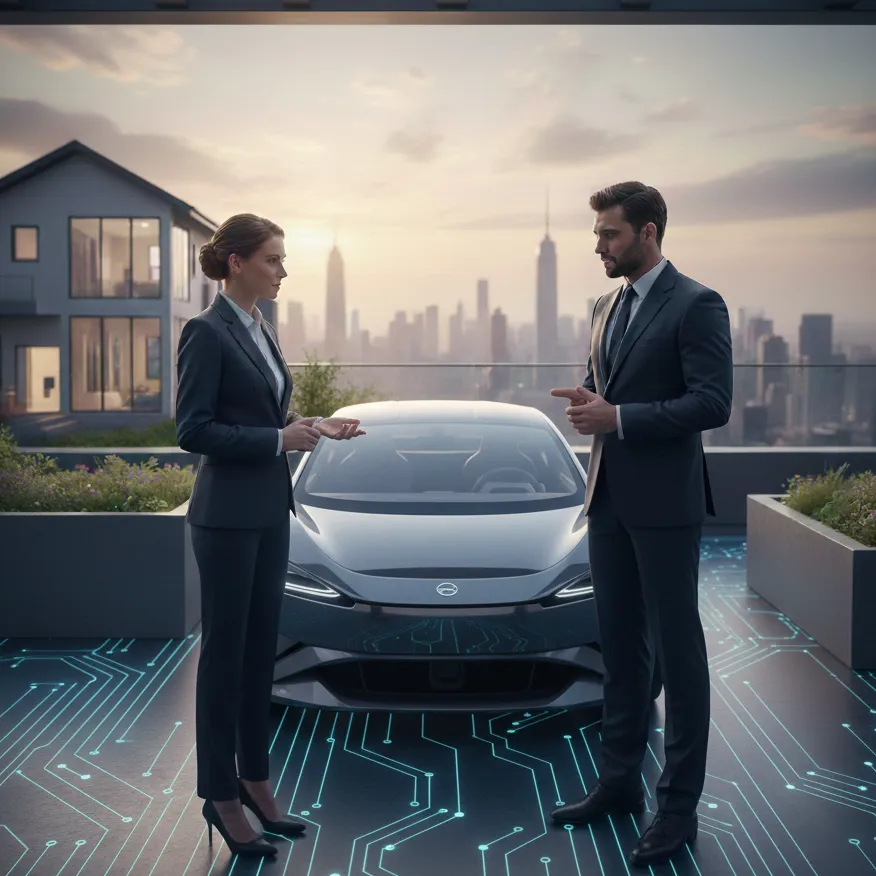 Three people discussing insurance next to a car and a house, representing combined auto and home insurance coverage.