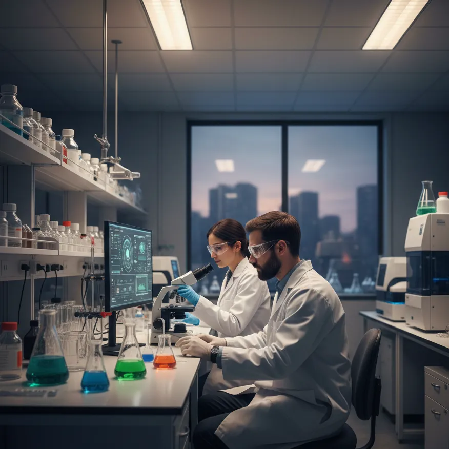 A realistic, brightly lit laboratory scene featuring a scientist analyzing data on a tablet next to lab equipment, representing pharmaceutical and life science innovation.