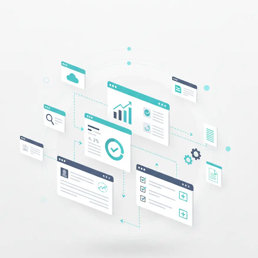 Business illustration of abstract gears and digital data flow symbolizing the seamless automation of processes for growing teams.
