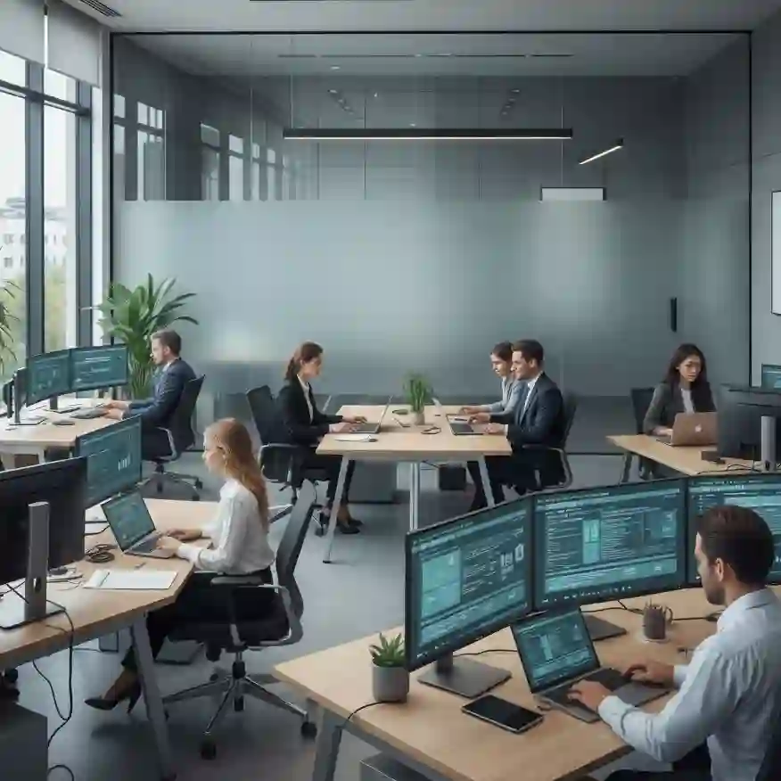 Insurance office focused on cybersecurity with professionals at desks.