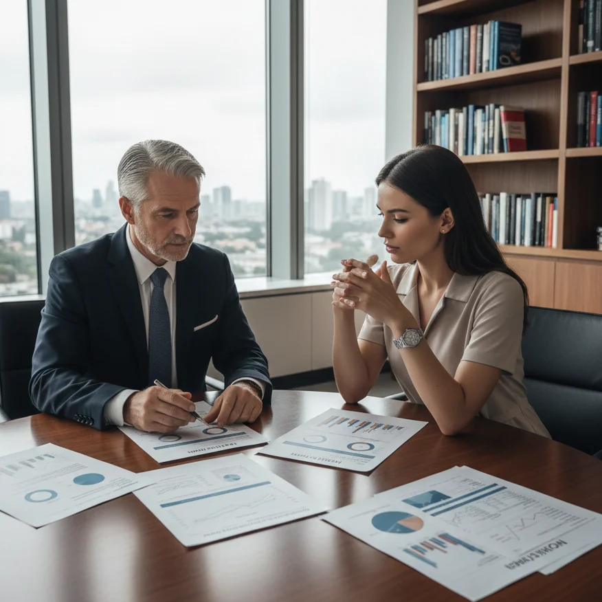 Senior financial advisor and fintech manager reviewing printed investment reports at a round table in a high-end office.