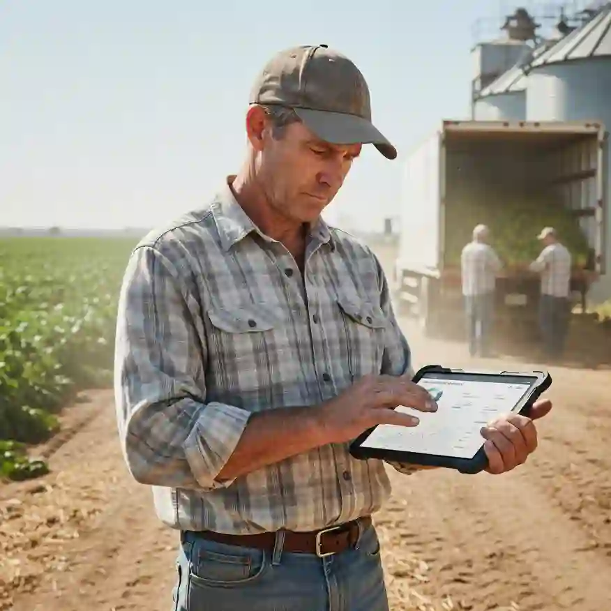 Farmer checking supply chain data on a rugged tablet outdoors at a working farm with silos and crop rows visible.