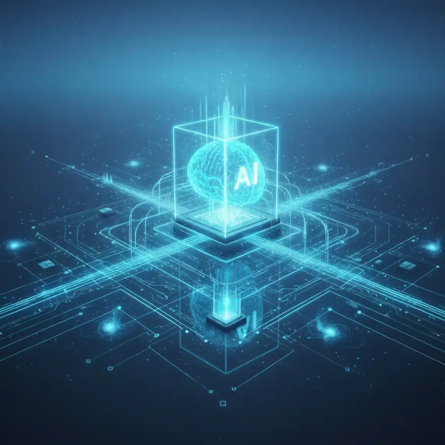 Futuristic cityscape with a glowing blue central structure and various technological elements, symbolizing generalized AI.