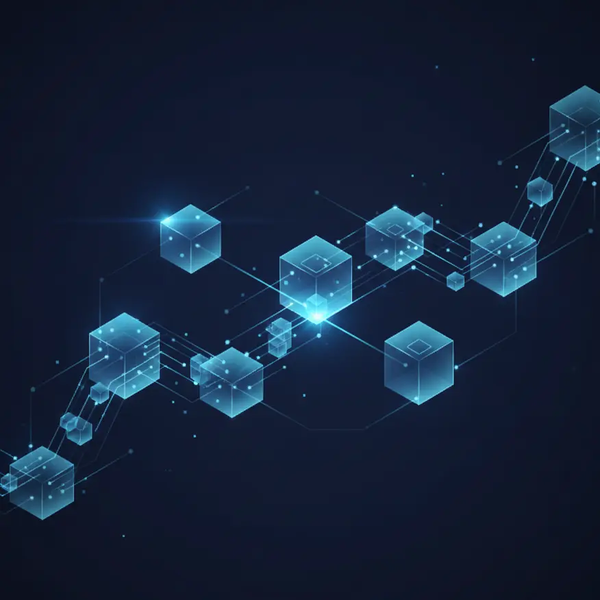 Futuristic isometric blockchain network diagram with glowing interconnected nodes.