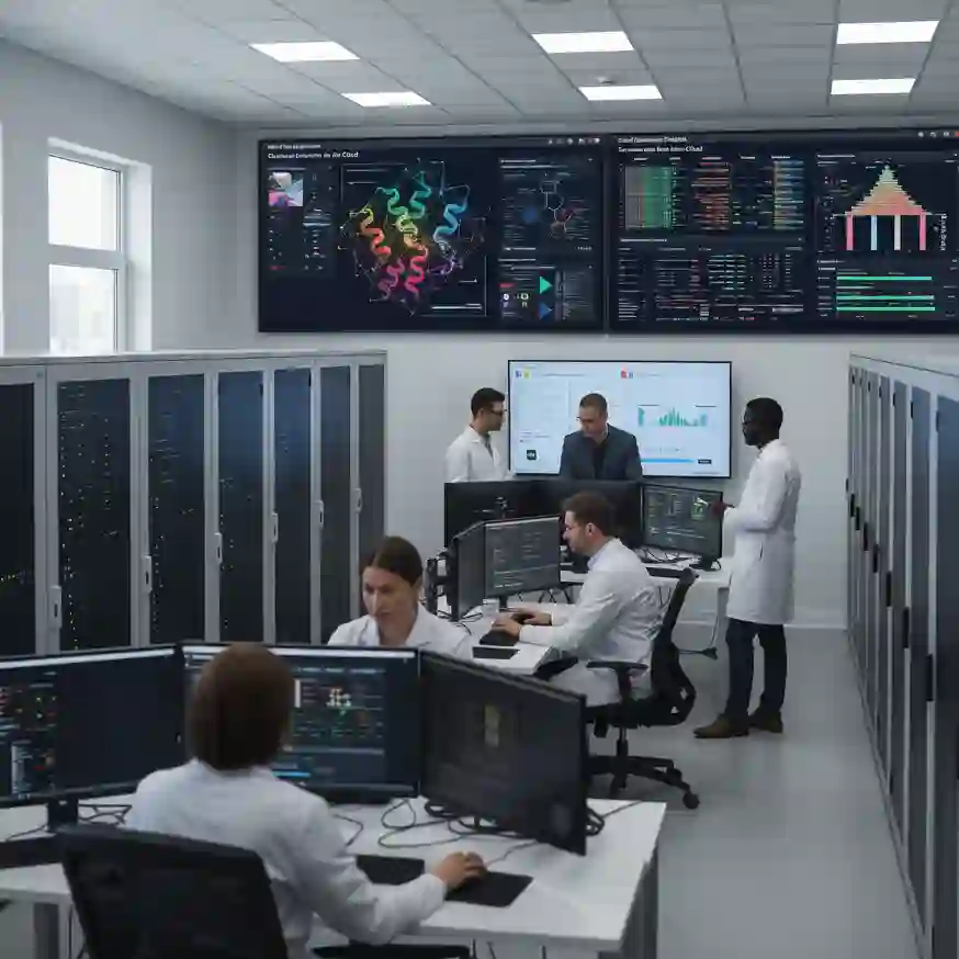 Researchers analyzing molecular models and genomic data on large displays.