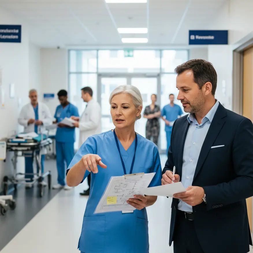 Hospital administrator and nurse observing patient flow and staff coordination in a busy hospital corridor.