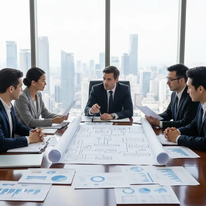 Diverse team of financial analysts reviewing printed reports and a physical roadmap at a conference table with a city view.