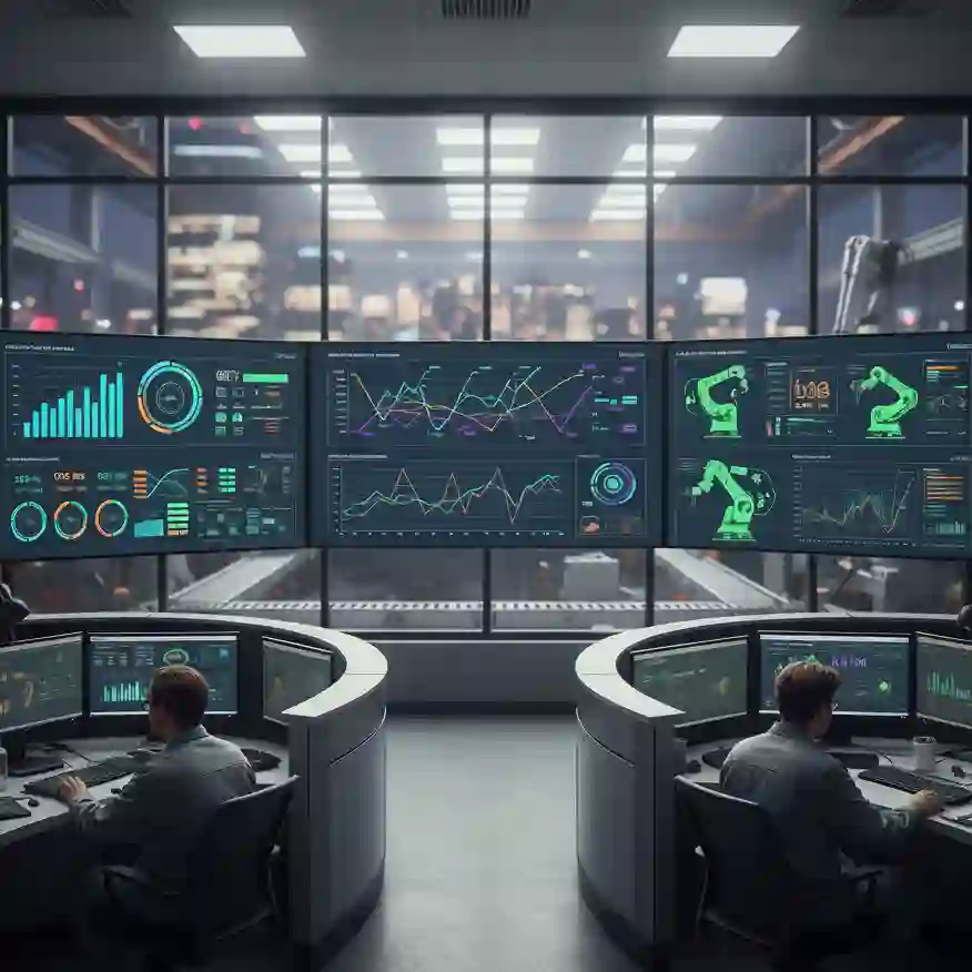 Engineers monitor real-time industrial IoT data and AI analytics in a modern control room overlooking a factory floor.
