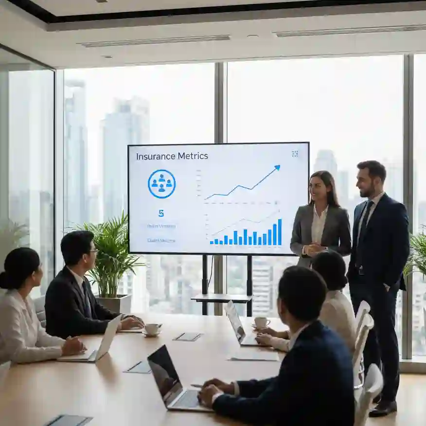Insurance leadership team presenting metrics on a screen in a conference room.