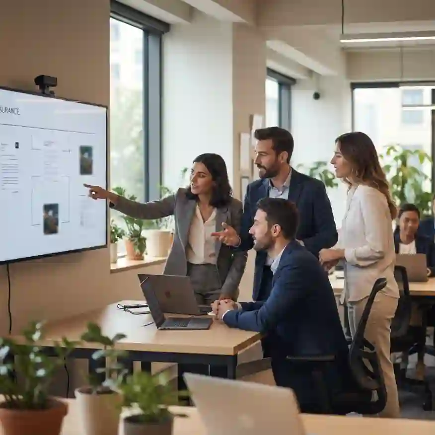 Insurance team collaborating around a screen in a modern office.