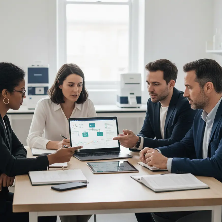 R&D team collaborating on data in a modern lab environment.