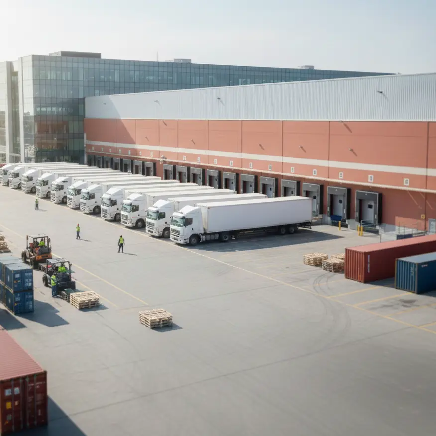 Female executive reviewing a tablet near trucks and a modern logistics distribution center.