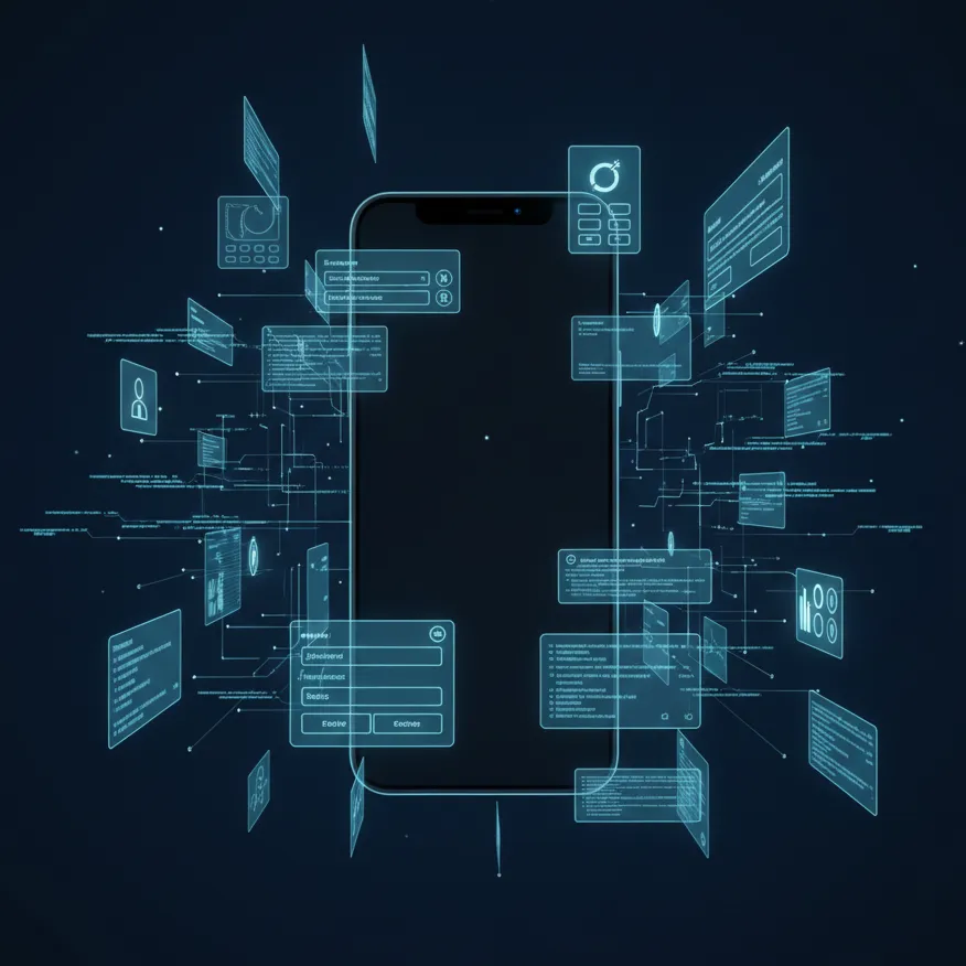 Futuristic illustration of mobile app development showing a sleek smartphone with floating, holographic UI blocks and glowing code patterns on a deep navy background.