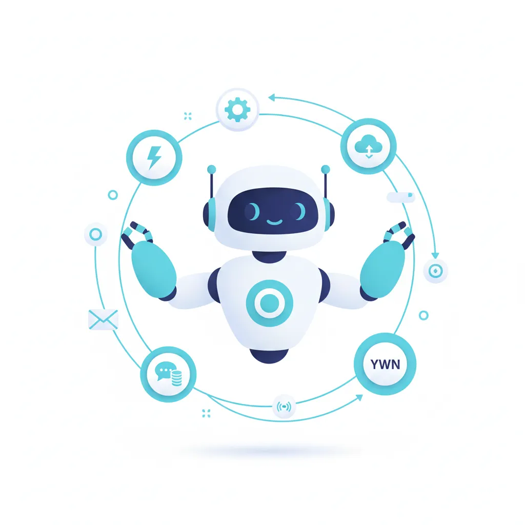 A friendly 3D robot character surrounded by a circular workflow of icons for cloud, settings, and chat, representing continuous n8n maintenance and support for automated systems.