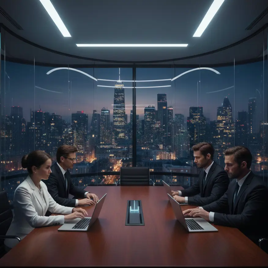 AI-driven financial control room with holographic dashboards, analysts, and city view.