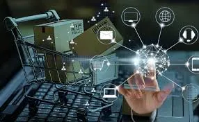 Hand touching a glowing digital network connected to a shopping cart filled with retail boxes.