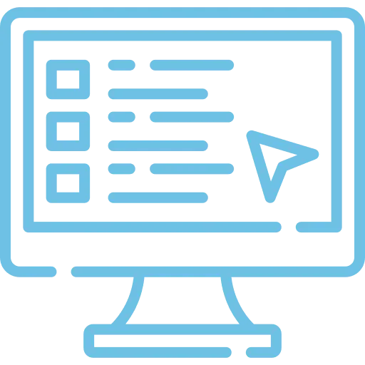 Blue icon of an online multiple-choice test on a monitor with a cursor.