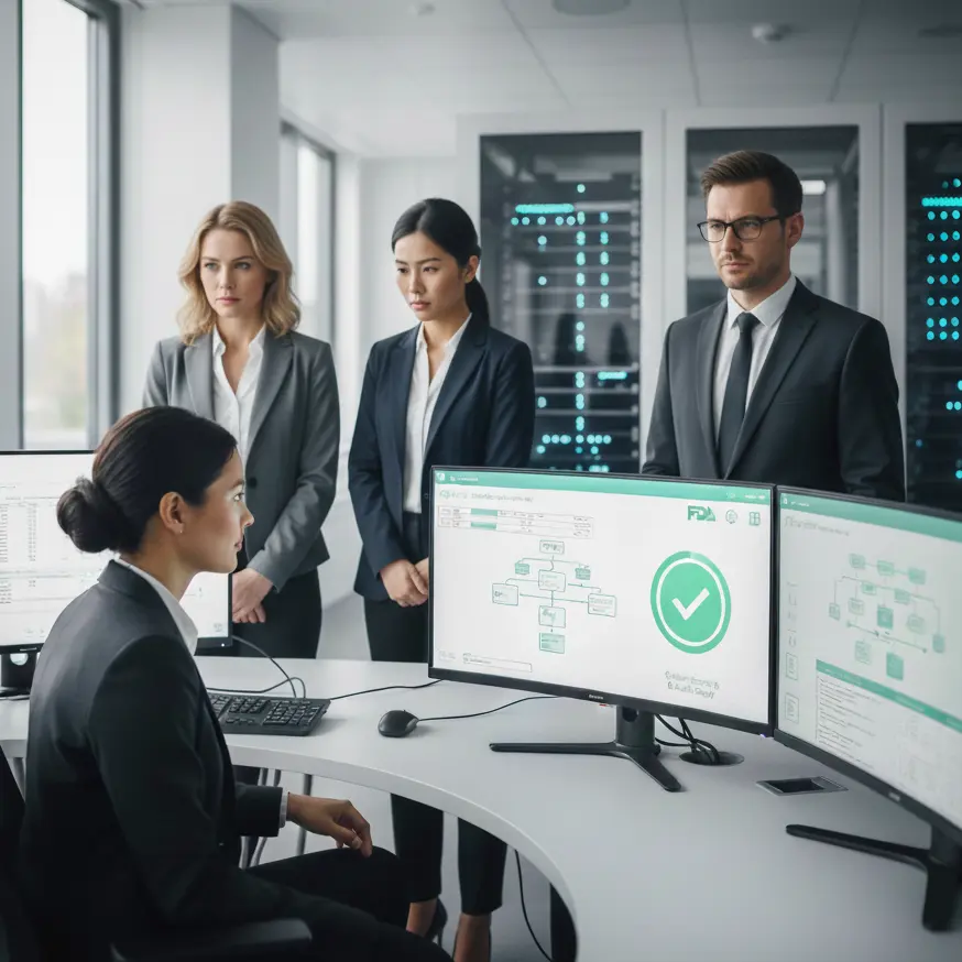 Diverse team reviewing cloud compliance data in a server room.
