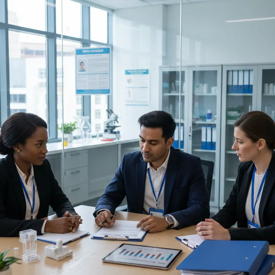 Healthcare team reviewing prototypes and compliance documents in a medical research office.