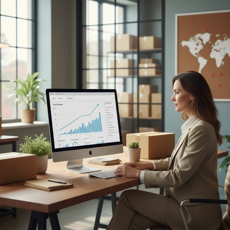 Business owner reviewing sales growth charts on a desktop computer in a bright office with shipping boxes and a world map in the background.