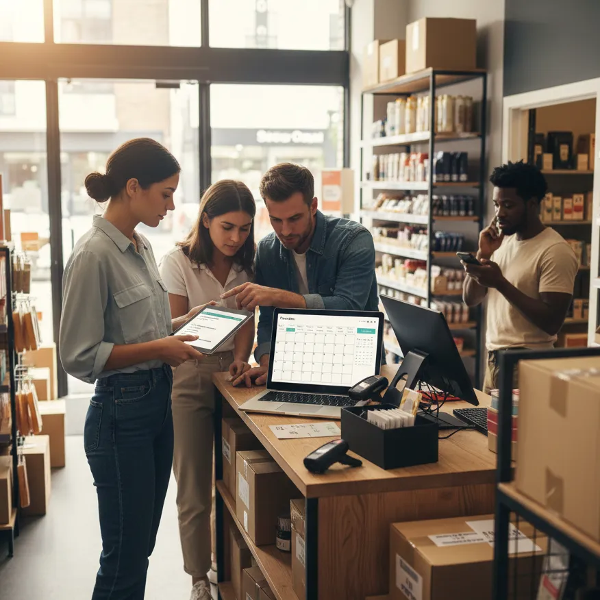 Candid photo of retail team members using a tablet, laptop, and smartphone to manage inventory and schedules in a bright store.