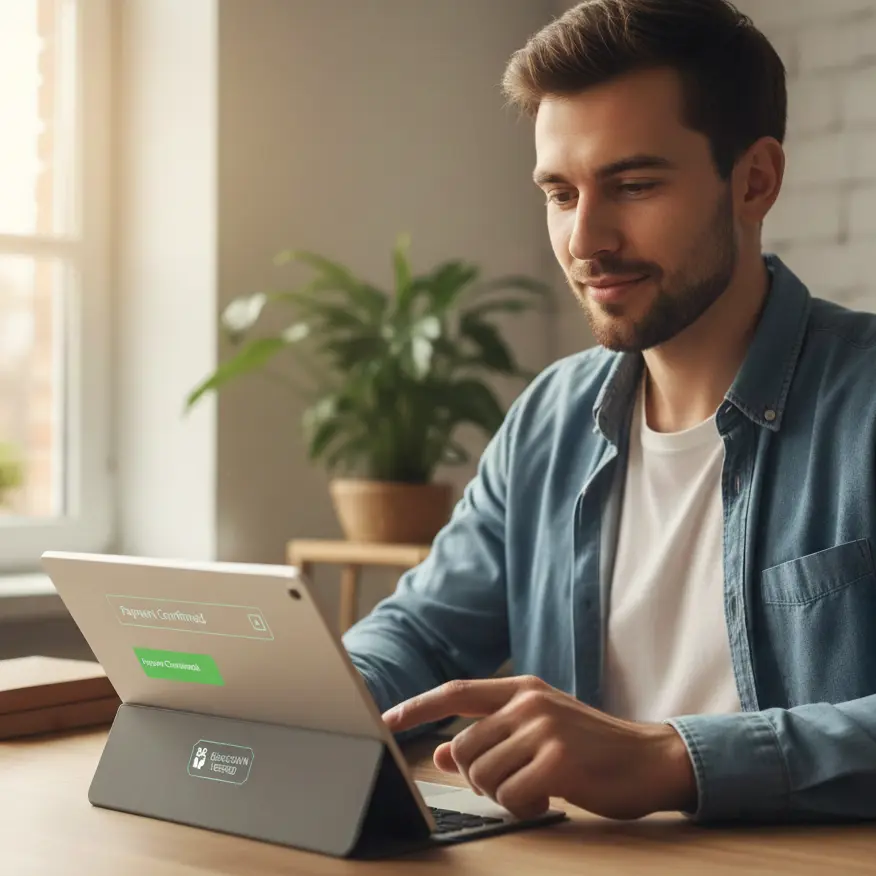 Professional image of a person confidently completing a secure travel booking on a tablet, with subtle visual cues suggesting a safe, blockchain-like payment system.