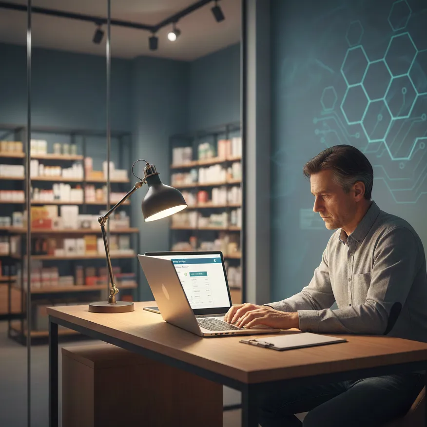 Small retail store owner reviewing secure sales data on a laptop in a dimly lit office at night.