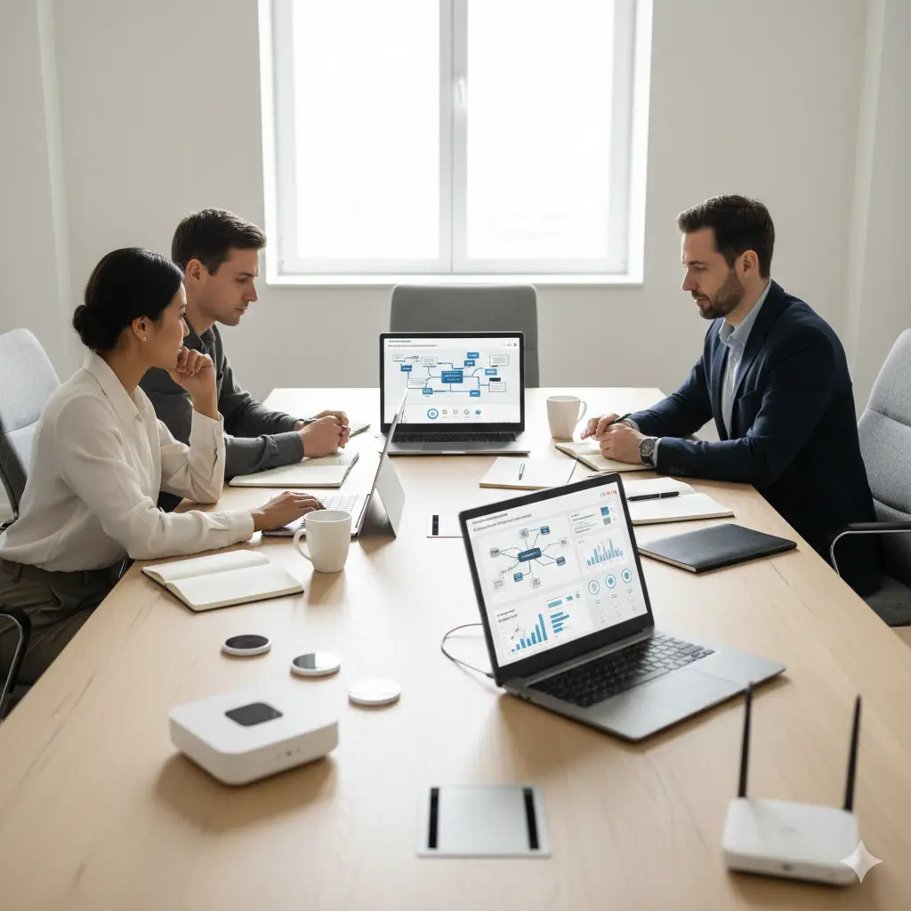 Professionals review an AI-powered IoT roadmap and performance metrics on laptops and tablets in a modern, bright office setting.